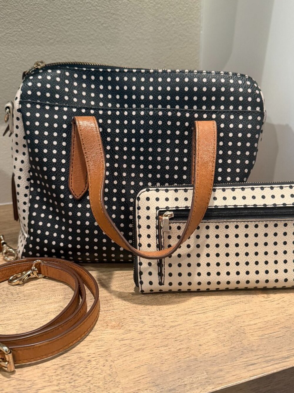 Fossil Sydney Polka Dot Satchel Bag & Matching Wallet Set